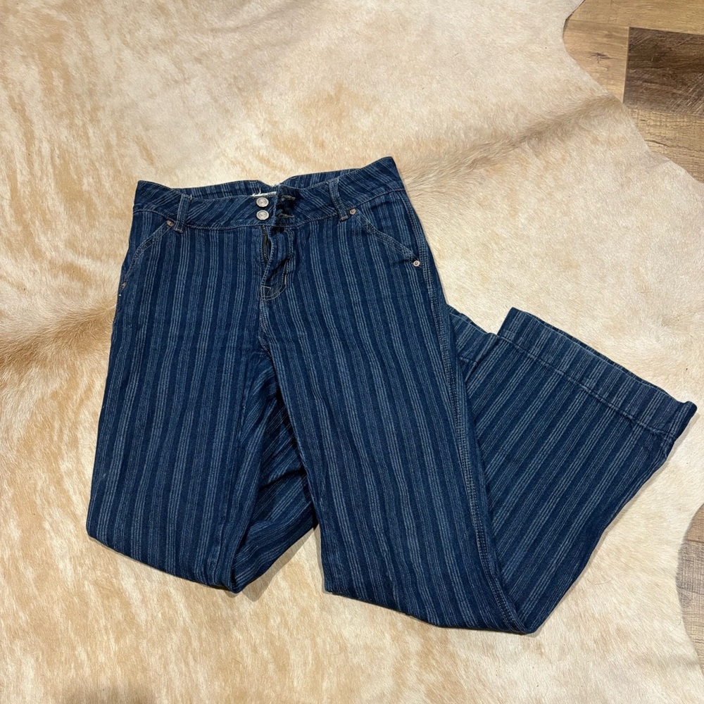 Rock & Roll Denim Striped Wide-Leg Jeans in Dark Blue